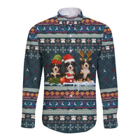 Bernese Mountain Dogs in Holiday Costumes Long Sleeve Button Shirt with Green Snowflake Pattern Design - Wonder Print Shop