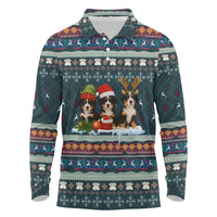 Bernese Mountain Dogs in Holiday Costumes Long Sleeve Polo Shirt with Green Snowflake Pattern Design - Wonder Print Shop