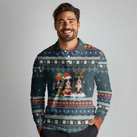 Bernese Mountain Dogs in Holiday Costumes Long Sleeve Polo Shirt with Green Snowflake Pattern Design - Wonder Print Shop