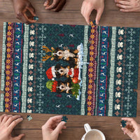 Bernese Mountain Dogs in Holiday Costumes Puzzle with Green Snowflake Pattern Design - Wonder Print Shop