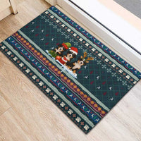 Bernese Mountain Dogs in Holiday Costumes Rubber Doormat with Green Snowflake Pattern Design - Wonder Print Shop