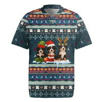 Bernese Mountain Dogs in Holiday Costumes Rugby Jersey with Green Snowflake Pattern Design - Wonder Print Shop