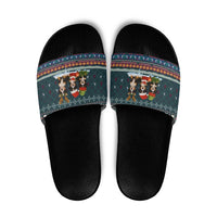 Bernese Mountain Dogs in Holiday Costumes Slide Sandals with Green Snowflake Pattern Design - Wonder Print Shop