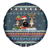 Bernese Mountain Dogs in Holiday Costumes Spare Tire Cover with Green Snowflake Pattern Design - Wonder Print Shop