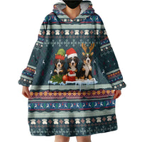 Bernese Mountain Dogs in Holiday Costumes Wearable Blanket Hoodie with Green Snowflake Pattern Design - Wonder Print Shop