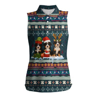 Bernese Mountain Dogs in Holiday Costumes Women Sleeveless Polo Shirt with Green Snowflake Pattern Design - Wonder Print Shop
