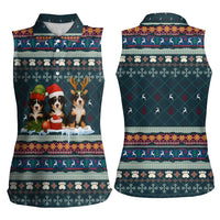 Bernese Mountain Dogs in Holiday Costumes Women Sleeveless Polo Shirt with Green Snowflake Pattern Design - Wonder Print Shop