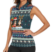 Bernese Mountain Dogs in Holiday Costumes Women Sleeveless Polo Shirt with Green Snowflake Pattern Design - Wonder Print Shop