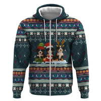 Bernese Mountain Dogs in Holiday Costumes Zip Hoodie with Green Snowflake Pattern Design - Wonder Print Shop