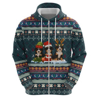 Bernese Mountain Dogs in Holiday Costumes Zip Hoodie with Green Snowflake Pattern Design - Wonder Print Shop