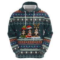 Bernese Mountain Dogs in Holiday Costumes Zip Hoodie with Green Snowflake Pattern Design - Wonder Print Shop