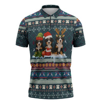 Bernese Mountain Dogs in Holiday Costumes Zipper Polo Shirt with Green Snowflake Pattern Design - Wonder Print Shop