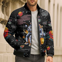 Funny Astronaut Fishing In Space Christmas Bomber Puffer Jacket Xmas Holiday Patterns - Wonder Print Shop