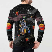 Funny Astronaut Fishing In Space Christmas Button Sweatshirt Xmas Holiday Patterns - Wonder Print Shop