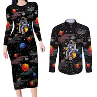 Funny Astronaut Fishing In Space Christmas Couples Matching Long Sleeve Bodycon Dress and Long Sleeve Button Shirt Xmas Holiday Patterns - Wonder Print Shop