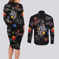 Funny Astronaut Fishing In Space Christmas Couples Matching Long Sleeve Bodycon Dress and Long Sleeve Button Shirt Xmas Holiday Patterns - Wonder Print Shop