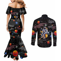Funny Astronaut Fishing In Space Christmas Couples Matching Mermaid Dress and Long Sleeve Button Shirt Xmas Holiday Patterns - Wonder Print Shop