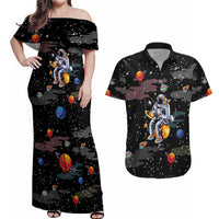 Funny Astronaut Fishing In Space Christmas Couples Matching Off Shoulder Maxi Dress and Hawaiian Shirt Xmas Holiday Patterns - Wonder Print Shop