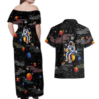 Funny Astronaut Fishing In Space Christmas Couples Matching Off Shoulder Maxi Dress and Hawaiian Shirt Xmas Holiday Patterns - Wonder Print Shop