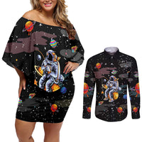 Funny Astronaut Fishing In Space Christmas Couples Matching Off Shoulder Short Dress and Long Sleeve Button Shirt Xmas Holiday Patterns - Wonder Print Shop