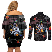 Funny Astronaut Fishing In Space Christmas Couples Matching Off Shoulder Short Dress and Long Sleeve Button Shirt Xmas Holiday Patterns - Wonder Print Shop