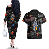 Funny Astronaut Fishing In Space Christmas Couples Matching Off The Shoulder Long Sleeve Dress and Hawaiian Shirt Xmas Holiday Patterns - Wonder Print Shop