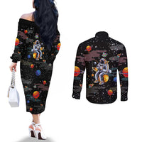 Funny Astronaut Fishing In Space Christmas Couples Matching Off The Shoulder Long Sleeve Dress and Long Sleeve Button Shirt Xmas Holiday Patterns - Wonder Print Shop