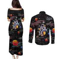 Funny Astronaut Fishing In Space Christmas Couples Matching Puletasi and Long Sleeve Button Shirt Xmas Holiday Patterns - Wonder Print Shop