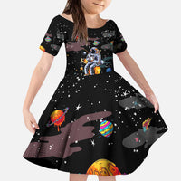 Funny Astronaut Fishing In Space Christmas Kid Short Sleeve Dress Xmas Holiday Patterns - Wonder Print Shop