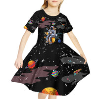Funny Astronaut Fishing In Space Christmas Kid Short Sleeve Dress Xmas Holiday Patterns - Wonder Print Shop