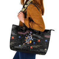 Funny Astronaut Fishing In Space Christmas Leather Tote Bag Xmas Holiday Patterns - Wonder Print Shop