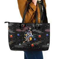 Funny Astronaut Fishing In Space Christmas Leather Tote Bag Xmas Holiday Patterns - Wonder Print Shop