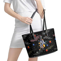 Funny Astronaut Fishing In Space Christmas Leather Tote Bag Xmas Holiday Patterns - Wonder Print Shop