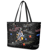 Funny Astronaut Fishing In Space Christmas Leather Tote Bag Xmas Holiday Patterns - Wonder Print Shop