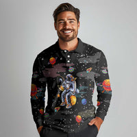 Funny Astronaut Fishing In Space Christmas Long Sleeve Polo Shirt Xmas Holiday Patterns - Wonder Print Shop