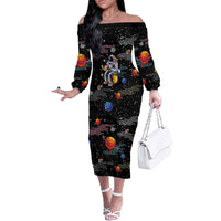 Funny Astronaut Fishing In Space Christmas Off The Shoulder Long Sleeve Dress Xmas Holiday Patterns - Wonder Print Shop