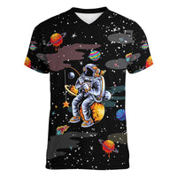 Funny Astronaut Fishing In Space Christmas Women V-Neck T-Shirt Xmas Holiday Patterns - Wonder Print Shop