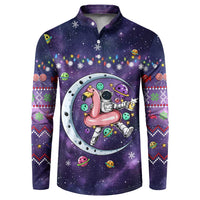 Funny Astronauts Sit On Flamingo Christmas Button Sweatshirt Xmas Holiday Patterns - Wonder Print Shop