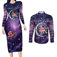 Funny Astronauts Sit On Flamingo Christmas Couples Matching Long Sleeve Bodycon Dress and Long Sleeve Button Shirt Xmas Holiday Patterns - Wonder Print Shop