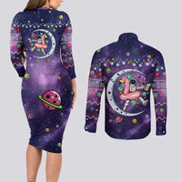 Funny Astronauts Sit On Flamingo Christmas Couples Matching Long Sleeve Bodycon Dress and Long Sleeve Button Shirt Xmas Holiday Patterns - Wonder Print Shop