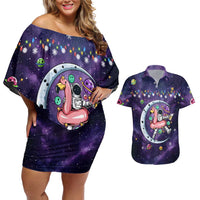 Funny Astronauts Sit On Flamingo Christmas Couples Matching Off Shoulder Short Dress and Hawaiian Shirt Xmas Holiday Patterns - Wonder Print Shop
