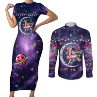 Funny Astronauts Sit On Flamingo Christmas Couples Matching Short Sleeve Bodycon Dress and Long Sleeve Button Shirt Xmas Holiday Patterns - Wonder Print Shop