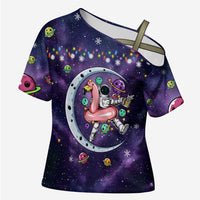 Funny Astronauts Sit On Flamingo Christmas Cross Shoulder Shirt Xmas Holiday Patterns - Wonder Print Shop