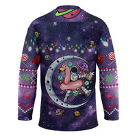 Funny Astronauts Sit On Flamingo Christmas Hockey Jersey Xmas Holiday Patterns - Wonder Print Shop