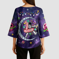 Funny Astronauts Sit On Flamingo Christmas Kimono Sleeve Blouse Xmas Holiday Patterns - Wonder Print Shop