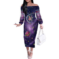 Funny Astronauts Sit On Flamingo Christmas Off The Shoulder Long Sleeve Dress Xmas Holiday Patterns - Wonder Print Shop