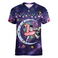 Funny Astronauts Sit On Flamingo Christmas Women V-Neck T-Shirt Xmas Holiday Patterns - Wonder Print Shop