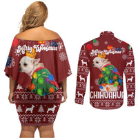 Chihuahua Dog Attitude Christmas Couples Matching Off Shoulder Short Dress and Long Sleeve Button Shirt Xmas Holiday Patterns - Wonder Print Shop