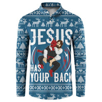 Jesus Has Your Back Jiu Jitsu Christmas Button Sweatshirt Funny Xmas Holiday Patterns - Wonder Print Shop