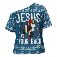 Jesus Has Your Back Jiu Jitsu Christmas Cross Shoulder Shirt Funny Xmas Holiday Patterns - Wonder Print Shop